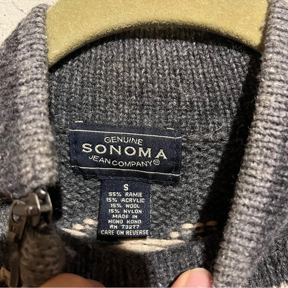 Vintage Women's S Sweater Fair Isle Wool Blend Mock Neck Zipper Cozy Grey - Picture 3 of 6